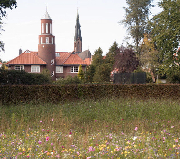 Visbek_Rathaus R�ckansicht und St. Vitus Kirche im Hintergrund.